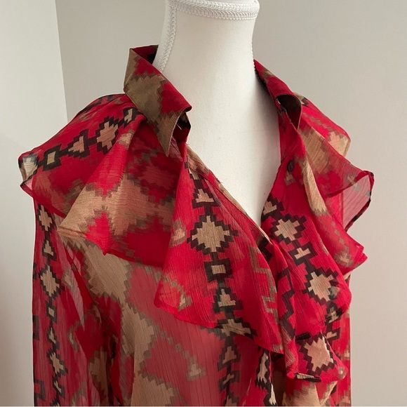 Lauren Ralph Lauren Red Aztec Southwestern Ruffle Button Up Sheer Blouse Size M - Picture 3 of 9